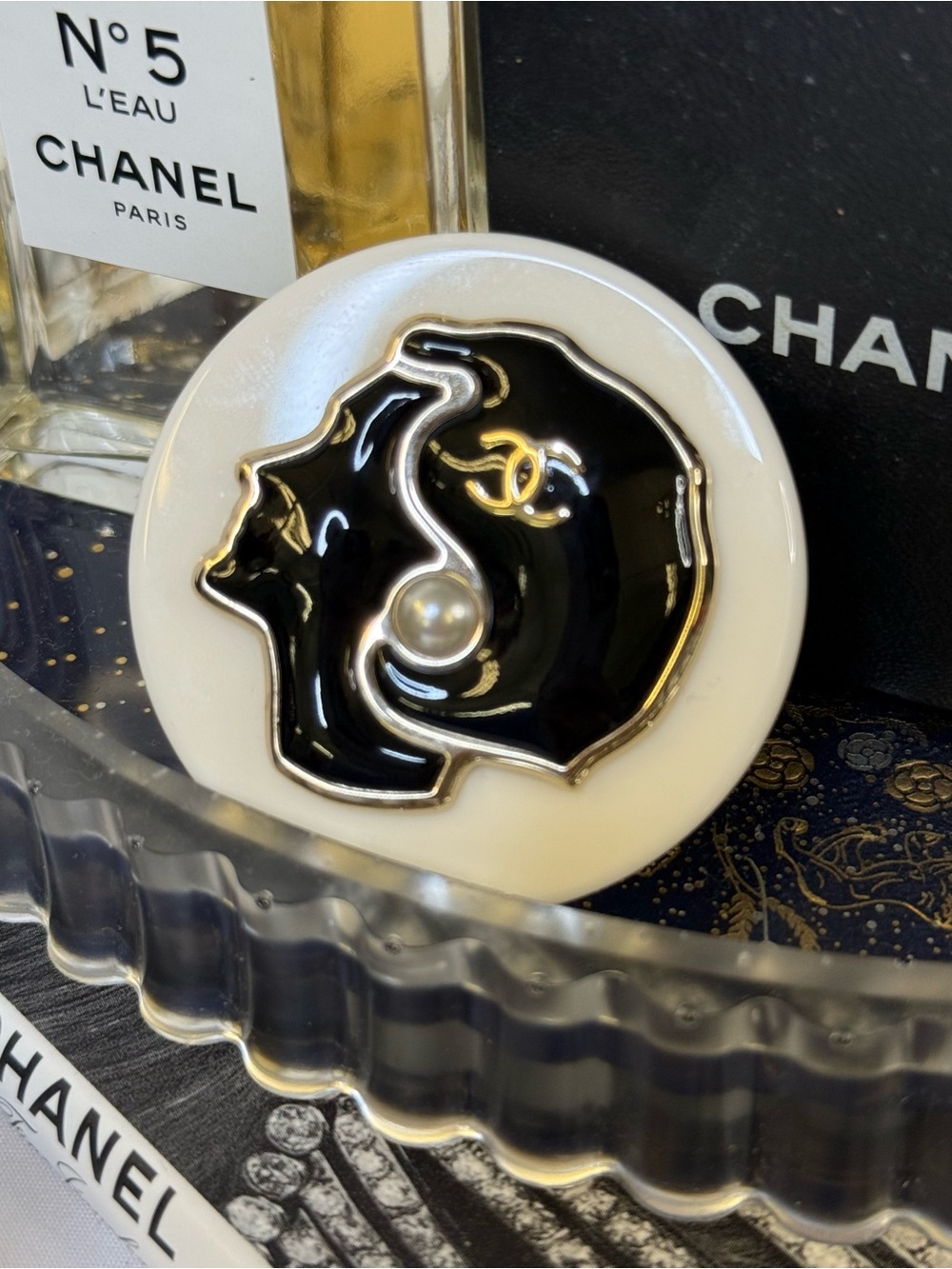 CHANEL Black and White Camellia Pearl Accent Brooch